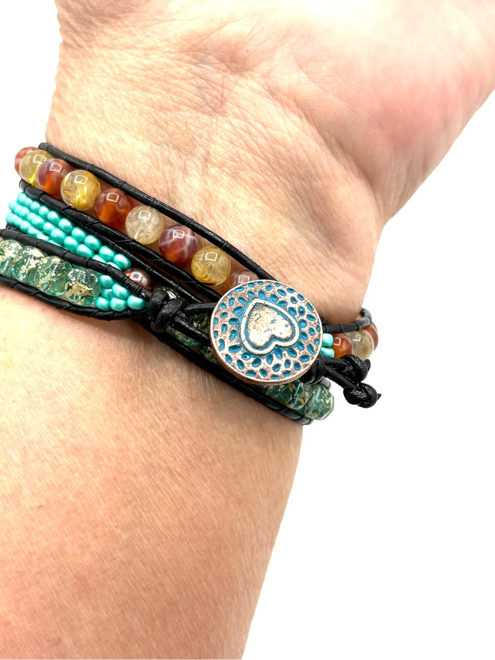 Hand Crafted Multi-Strand Beaded Wrap Bracelet with Imperial Jasper Pendant - Picture 6 of 11